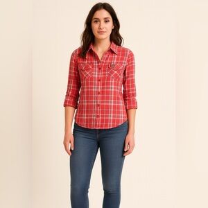 Superdry Women’s Plaid Button Up Shirt size S Red Checked 3/4 length sleeve